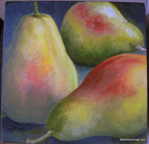 Beautiful art rendering of three pears showcasing first class foods are all natural and a true work of art
