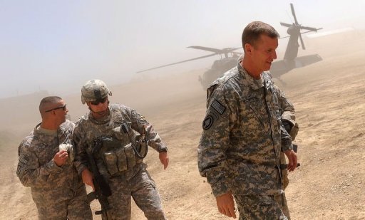 General Stanley McChrystal (right) arrives at the Baraki Barak Joint combat Outpost (JCOP) in Logar Province in 2009. 
