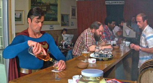 The Evil Superman tipping back some Johnny Walker Red (Superman III). The Evil Superman tipping back some Johnny Walker Red (Superman III).