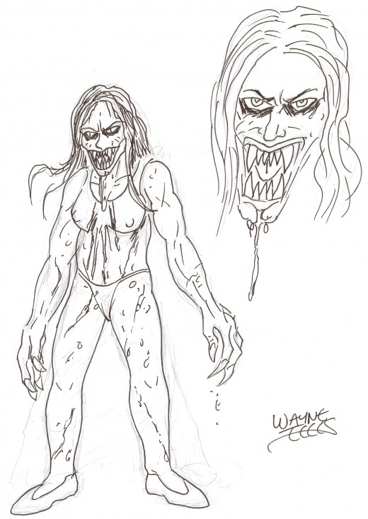 A Vampire Figure Drawing of a young woman who is a nasty vampire now!    Art copyright Wayne Tully.