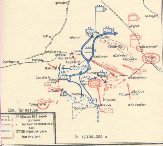 Breakthru of the Turk cavalry Aug 27 at Duplumpinar, a key railway station. Greek units east of this were unsupplied.