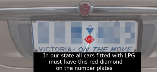  A red diamond inscribed with LPG is required by Law in Victoria. It must be fitted to both front and rear number plates.