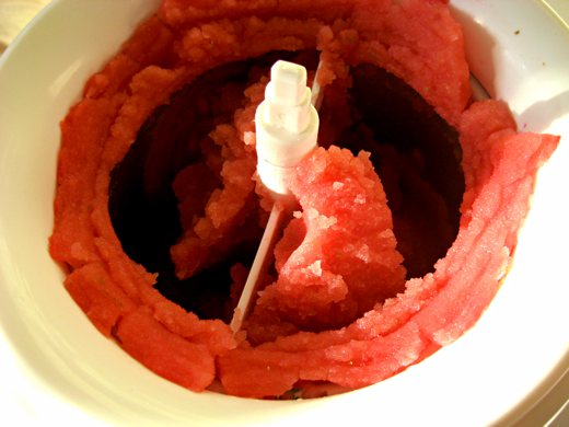 Watermelon sorbet in an ice cream maker / Photo by E. A. Wright