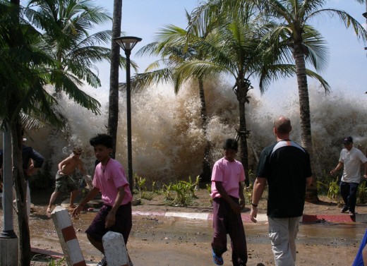 Tsunami waves rushing into the Indonesian lands, during the most devastating natural disaster ever.