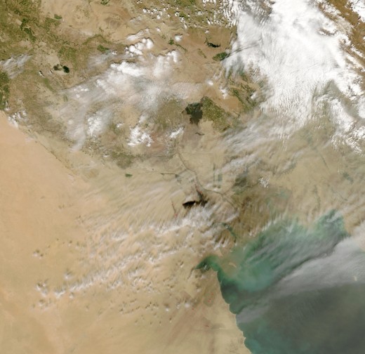 These are the Kuwait oil fires seen from space. This was by far, perhaps until now, the very worst oil disaster ever.
