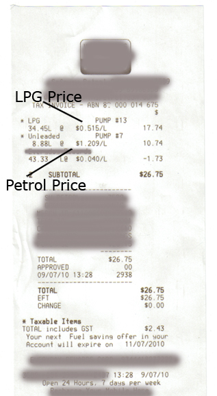 Recent receipt for Fuel both Petrol and LPG