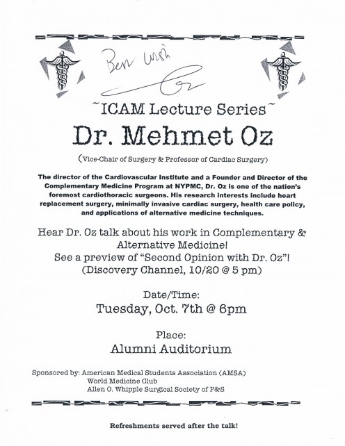 Signed flier from a lecture by Dr. Oz on October 7, 2003 at the College of Physicians & Surgeons at Columbia University Medical Center.