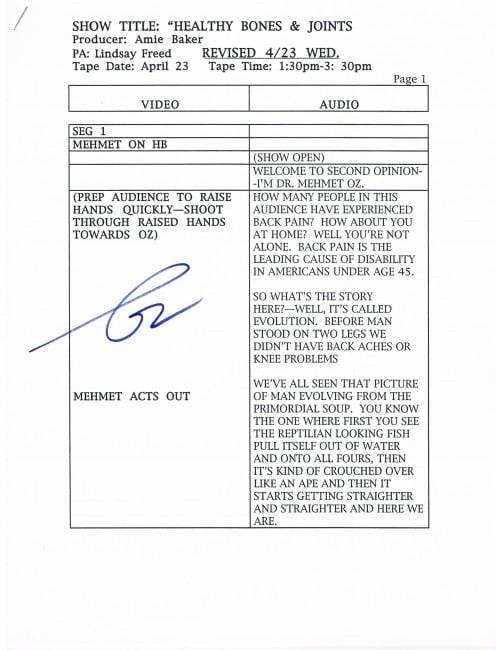 Autographed script used while practicing for the April 23, 2003 taping of Second Opinion with Dr. Oz.