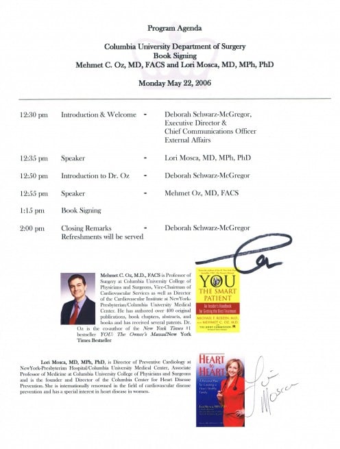 One of two fliers from a book talk featuring and signed by both Dr. Oz and Dr. Lori Mosca.