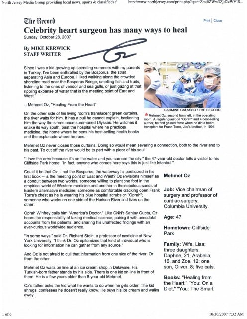 Signed article I found online about Dr. Oz from The Record newspaper in NJ.