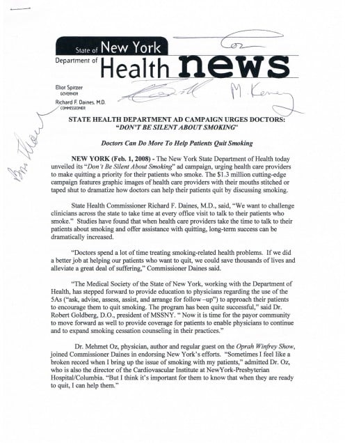 From a press event when Dr. Oz and officials from the State of New York Dept. of Health and the American Cancer Society introduced an ad campaign to get doctors all over the country to talk to their patients about quitting smoking.