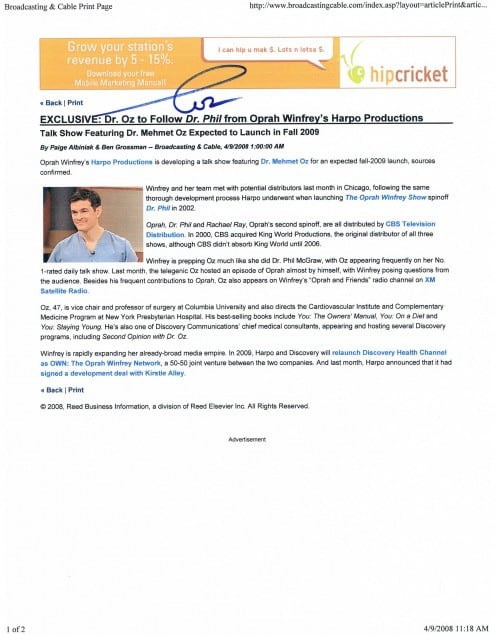 Press item dated April 9, 2008, stating Dr. Oz was getting his own show.