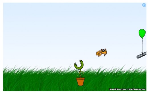 Hapless Fluffy soars over a man-eating plant.
