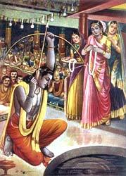 Arjuna aiming at the rotating metal fish's eye. The trick was to hit the fish's eye with the arrow, while looking at the reflection of fish in water. 