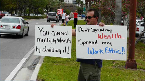 Well I think he believe that the big corporations like his work ethic. Well they better he is sure quick to give them his hard earned money. Give my wealth to the rich, not the poor.