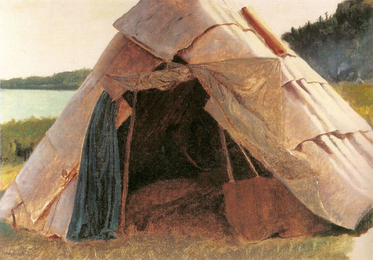''Ojibwe Wigwam at Grand Portage (MN)'' painted by Eastman Johnson, 1857. Examples of this home can be seen in Mid-Michigan as well.