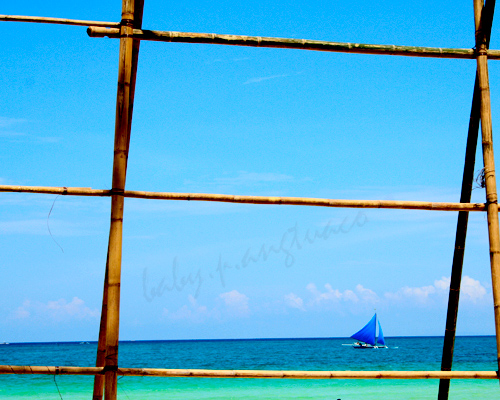 a sailboat or paraw framed by a bamboo fence