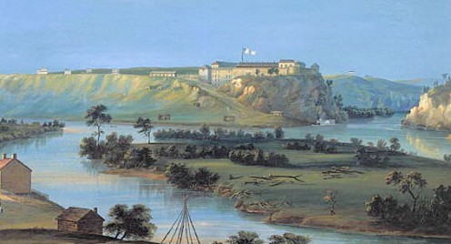 Fort Snelling sits on a rise in the background of this painting by Casper Wild in 1844.