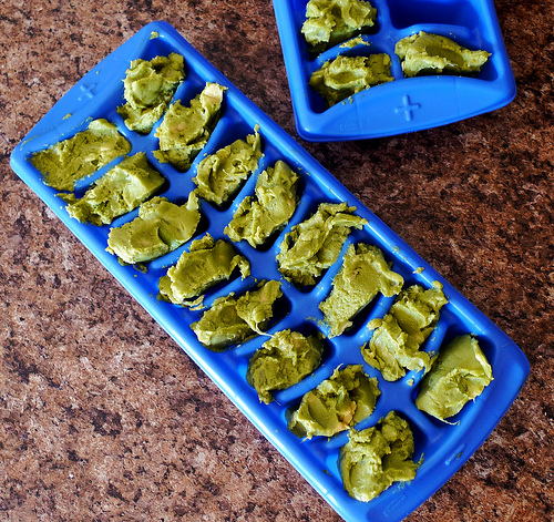 Using ice cube trays to freeze guacamole is easy, quick, and efficient.