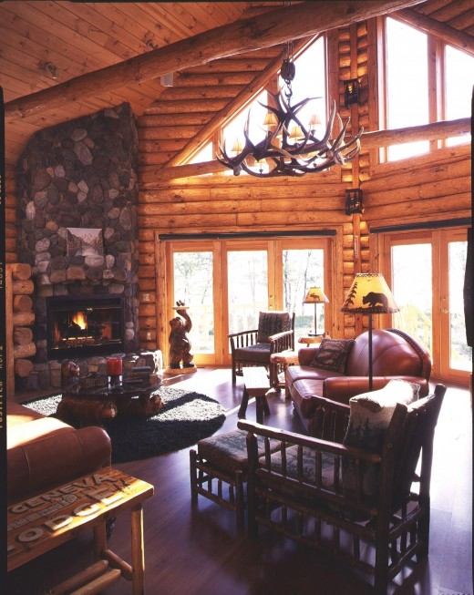 Interior half log on the great room walls