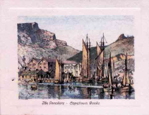 The snoekers, Cape Town Docks. During the snoeking season this corner of the Cape Town docks is a scene of great activity, and the snoekers recall the old sailing days now almost gone.