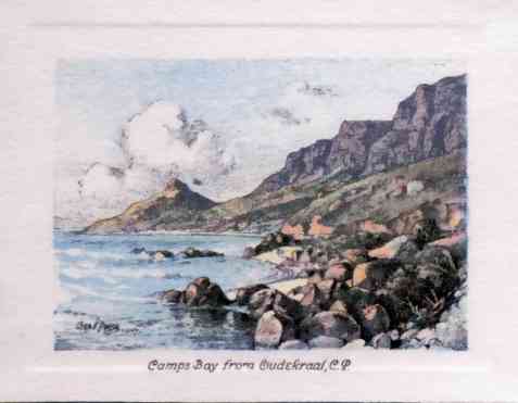 Camps Bay from Oudekraal, C.P. Every visitor to the Cape takes the famous coast drive through Camps Bay and along the sea front to Hout Bay, passing the Twelve Apostles en route.