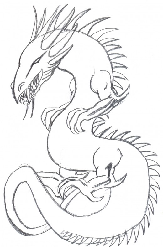 Draw a dragon serpent sketch 3 - Finalize the serpents body.