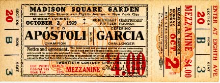 A ticket to that fateful day when Garcia KOed World Middleweight Champion Apostoli with his dreaded bolo punch. And he did this being a natural welterweight.