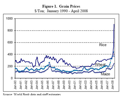 Rising grain prices have many causes. The basic cause for 2010 is the loss of crops by drought and flood. Wheat and rice will be most effected.