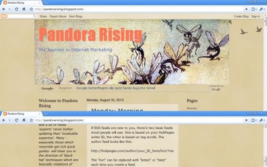 "Pandora Rising Blog previous page on Blogspot" Screenshot. HubPage Name = Pandora's Box (http://pandorarising.blogspot.com/)