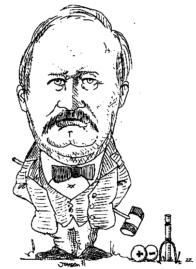 Caricature of Svante Arrhenius.  Note the "+" and "-" symbols on the croquet balls; these refer to "ionic chemistry," the idea that won Arrhenius the 1903 Nobel Prize for Chemistry.