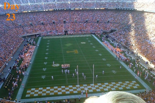 Today Matthew, Ashley, Emily, and I went to the Martin Skyhawks @ UT Vols game.  Tailgating and Football is a phenomenal combination! I forgot to bring my camera, so this is a crappy Blackberry pic. Derek Dooley won his first game as Head Coach 50-0.