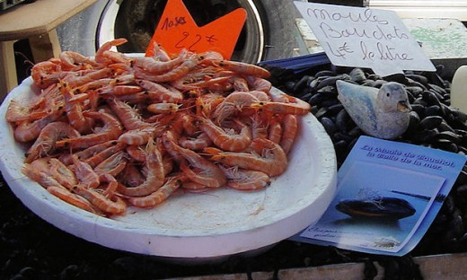 Prawns and mussels were also on sale
