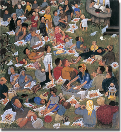 Feeding the Five Thousand, by Eularia Clarke, from www.methodist.org.uk