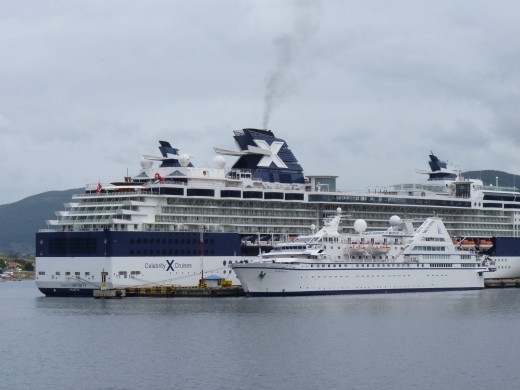 The Celebrity Infinity ship holds 2,000 passengers (our ship). The Le Diamant ship holds 200 passengers. Both  ships are docked in Ushuaia after their trip to Antarctica. 