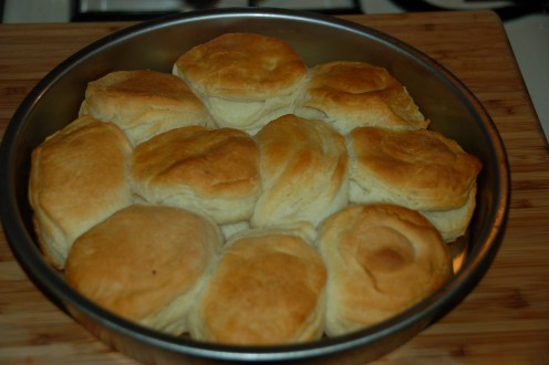 Make a great meal better, add layered biscuits to metal tin sprayed with non-stick spray.