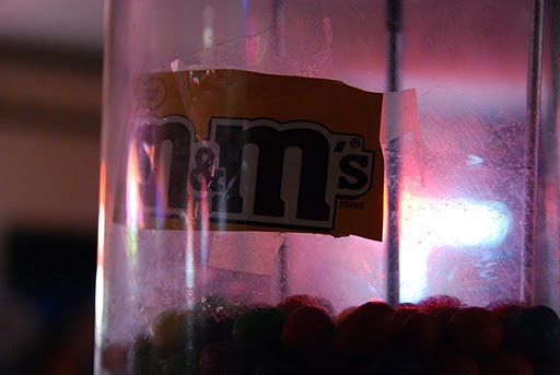 Note the roughly-cut M&M's bag utilized as signage.  Classic dive decorum.