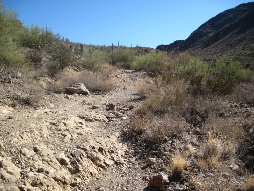 The trail with mountain slopes on either side.