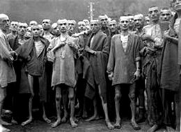 Victims of the holocaust upon liberation in 1945. Malnourished prisoners at the Mauthausen camp, Austria. Not enough wickedness for Noah's Flood.