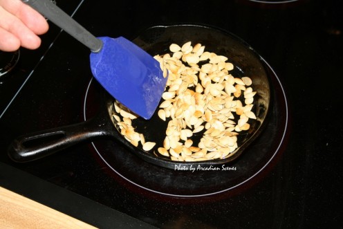 Toasting Acorn Squash Seeds in an Iron Skillet