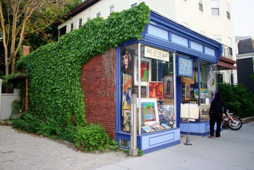 The front of the former Out of the Blue art gallery, located on Prospect St. in Cambridge, MA. It is now located around the corner, on Massachusetts Avenue.