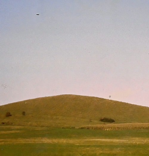 Cley Hill, Warminster. A small black object can be seen in the upper left of the photo. Was this a UFO? Photo by Steve Andrews
