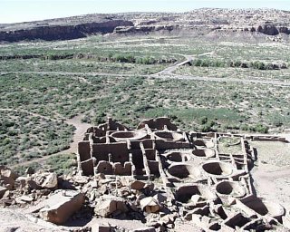 This is a view from one of the villages overlooking the canyon floor where they grew food from agricultural practices on marginal, semi-arid land. The Pueblo were noted as being able to adapt to climate change.