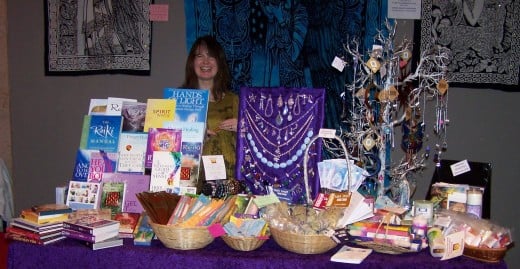 Joan from Opal Moon shows her goods for sale from Crystals to Healing Hands books and jewellery.   Opal Moon is one of our longer lasting shops in Glasgow previously situated in the lane at the back of Byres Road.   