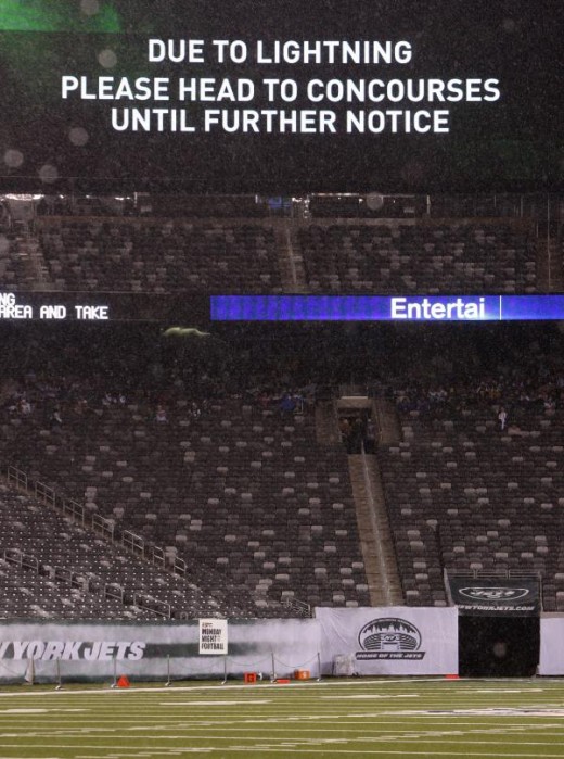 Stands are empty before an NFL football game between the Minnesota Vikings and the New York Jets on Monday, Oct. 11, 2010, in East Rutherford, N.J. The start of the game was delayed because of lightning and heavy rain; fans were cleared from the stan