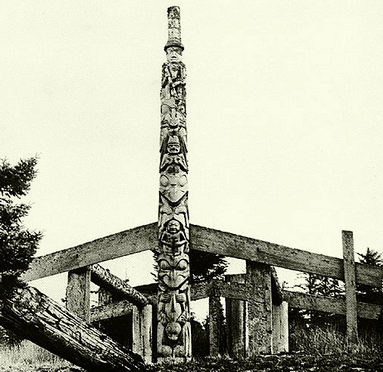 The centerpiece of the west coast First Nations was the long house, *being constructed here) and the totem pole, which contained the particular totem animals of each extended family.