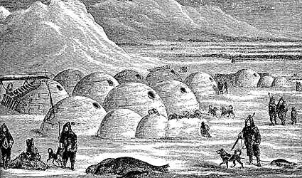 This is an artist's rendition of an Inuit village of igloos. though made of compressed snow, they were warm due to body heat and from whale oil lamps.