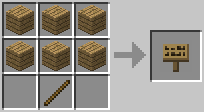 Simple graphical representation of how to craft a sign from the Minecraft Wiki.
