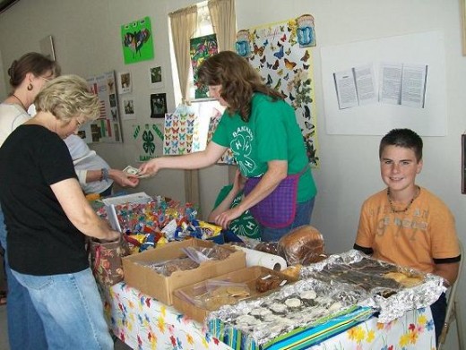 Donna, of Blanchard 4-H Club is selling some goodies to a butterfly interested person.