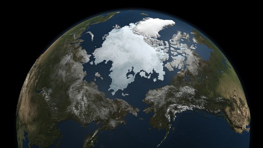 A satellite view of the Arctic Ocean.